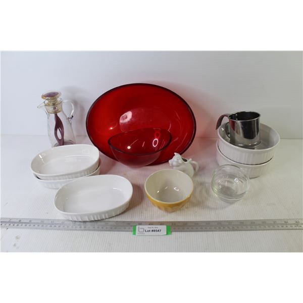 Corningware Dishes - Red Plastic Bowls - Sifter - Sm Ceramic Cow Creamer - Jo!e Mixer