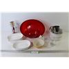 Image 1 : Corningware Dishes - Red Plastic Bowls - Sifter - Sm Ceramic Cow Creamer - Jo!e Mixer