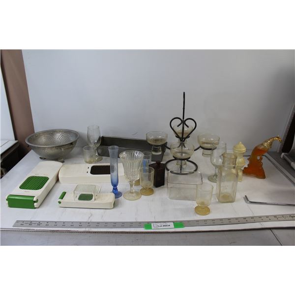 (2) Cologne Bottles Still Filled, Assorted Drinking Glasses, Strainer, Kitchen Ware