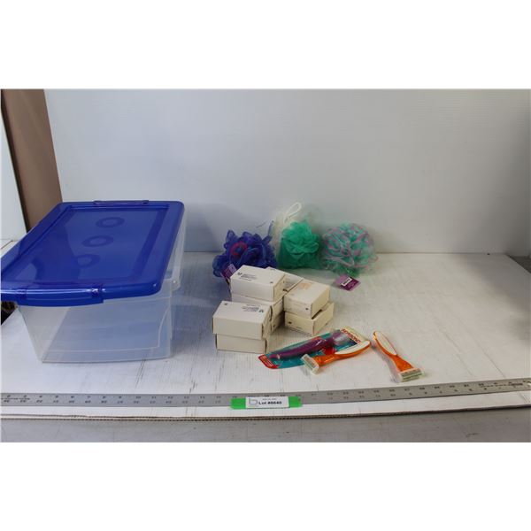 (3) Luffas, Dental Brush, (2) Shaving Razors, (9) Dove Soap Bars, Plastic Tub
