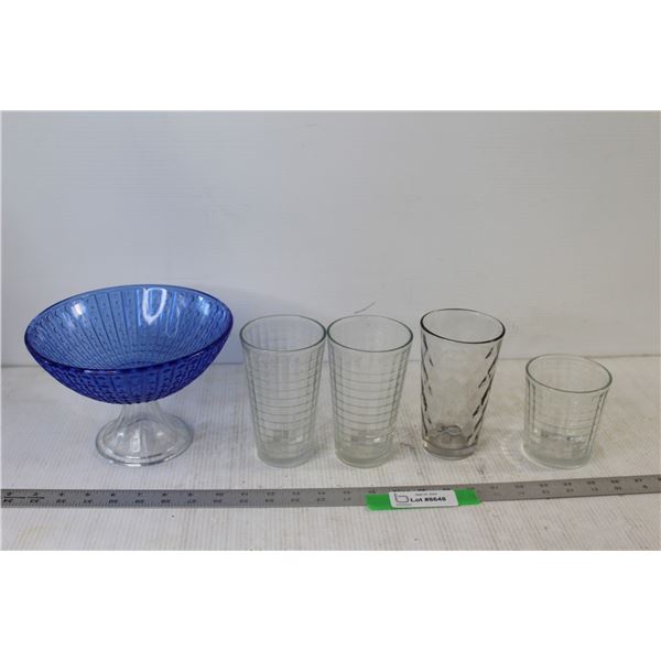 (4) Glass Cups, Glass Raised Candy Dish