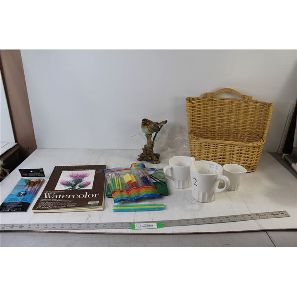 Bird Statue, (3) Liquid Measuring Cups, Watercolour Pencils, Assorted Paintbrushes, Watercolour Art 