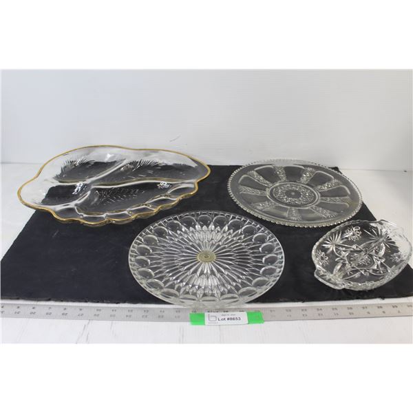 Glass Divided Dish, (2) Glass Circular Trays/Plates, Divided Serving Tray