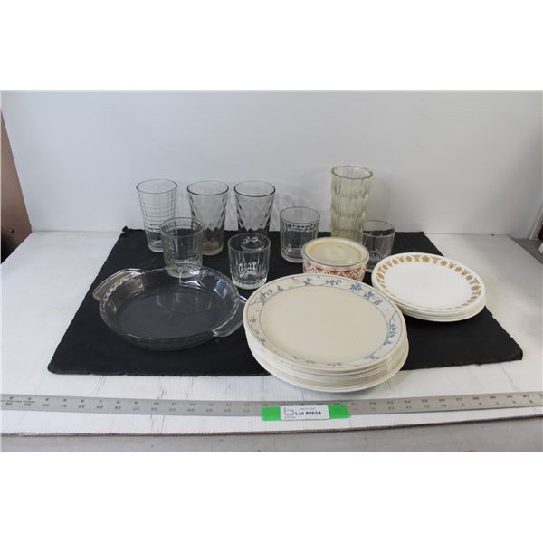Assorted Plates, (7) Glass Cups, Glass Vase, Soup Container, Anchor Hocking Pie Dish