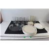 Image 1 : Assorted Plates, (7) Glass Cups, Glass Vase, Soup Container, Anchor Hocking Pie Dish