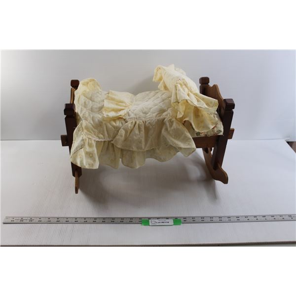 Vintage Teak Doll Cradle - Missing Three Retaining Dowels w/ Bedding