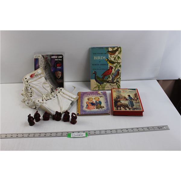 (6) Red Resin Buddhas, (1 pr) Ankle Lock Skating Braces (Size Large) & (3) Children's Books ( Jacket