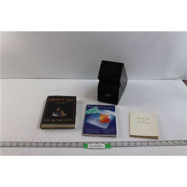 Wooden Knife Block & (3) Books "Vinyl Cafe Unplugged", "The Photo Reading Whole Mind System" & "Harm