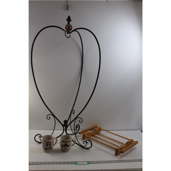 Folding Potted Plant Stand, (2) Trump Mugs & Wooden Drying Rack