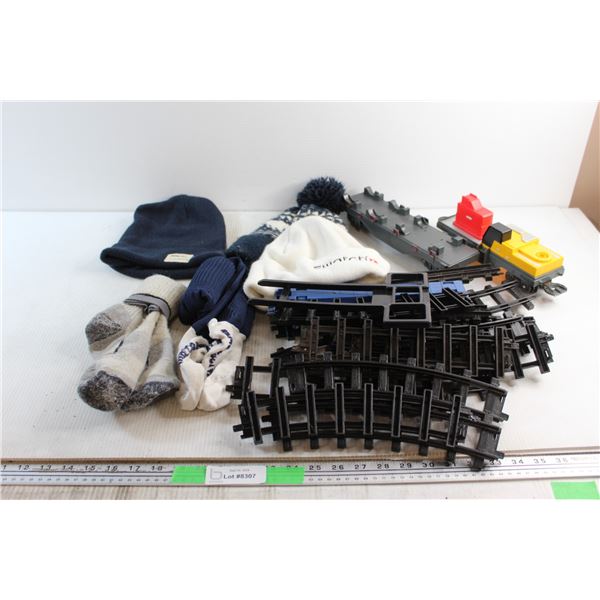 (3) Winter Hats, (2) Pairs of Socks and Train Toys & Rail Tracks