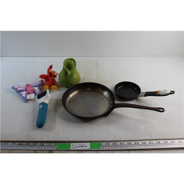 (2) Frying Pans 9'' & 5'', (2) Plush Toys, Pear Decoration and Abody Electronic Pedicure Device
