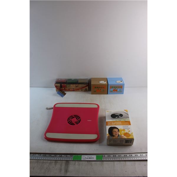 (2) Japanese Kitty Piggy Banks, Belkin Laptop Cooling Pad - Tested, Christmas Rubber Stamp Set and Y