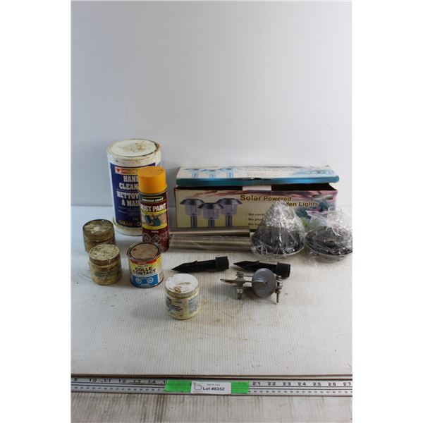 (2) Solar Powered Garden Lights, Hand Cleaner, Rust Paint and (4) Valve Grinding Compounds