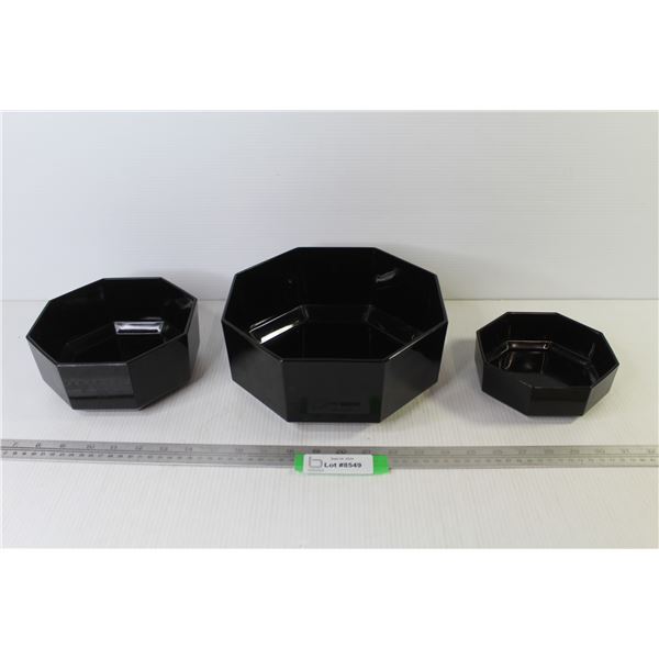 (3) Octagon Shaped Black Glass Bowls