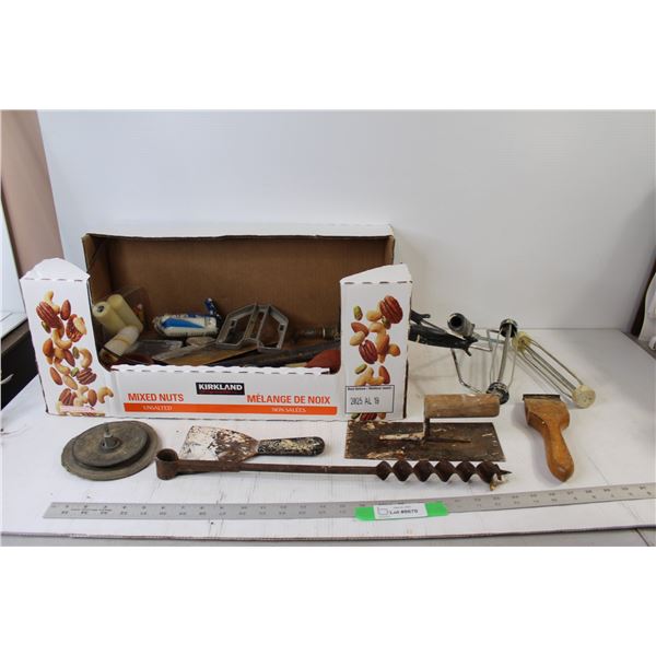 Auger Bit, (3) Paint Rollers, grinding Disc, Assorted Painting Tools