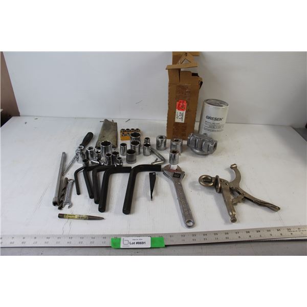 Drill Press Vice Clamp, Oil Filter, Assorted Sockets and Tools
