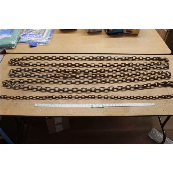 *Approximately 30' Steel 3/8" Chain (Some Rust), 5.5' 1/4" Chain (No Hooks) w/ 5 gal. Pail