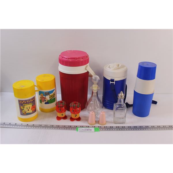 (4) Assorted Thermos, (2) Salt & Pepper Shakers, (2) Vinegar Jars