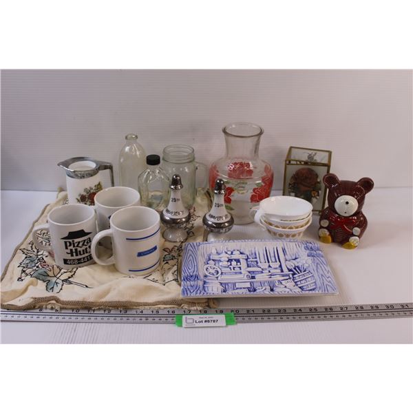 Lot: Pitcher, 25th Anniversary Salt & Pepper Shakers, (3) Mugs, Blue Ashtray, (3) Corelle Tea Cups, 