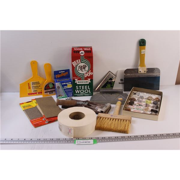 Lot: Steel Wool, Sandpaper, Drywall Tape, Minerals & Rocks Chart, Putty Knife, Misc.