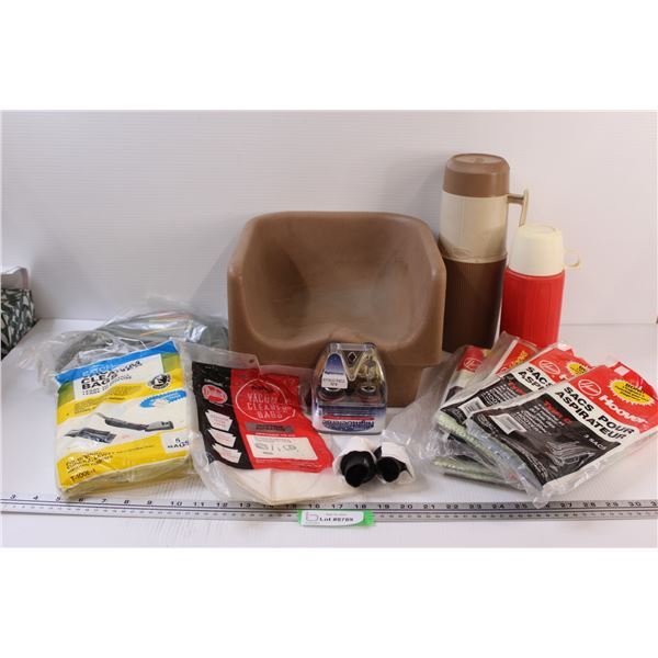 Lot: Children's Booster Seat for Chair, (2) Thermos, (6) Vacuum Bags - Assorted, Headlights, as is, 