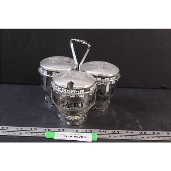 Mid-Century Libbey Glass & Silver Condiment Caddy Set (Missing Spoons)