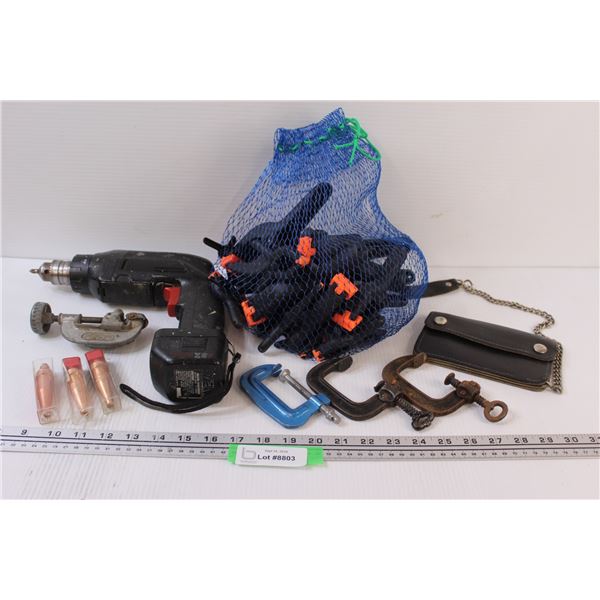 Lot: Assorted Clamps, (3) Leveling Plumbs, Pipe Cutter, Drill (Doesn't Work), Wallet