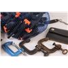 Image 2 : Lot: Assorted Clamps, (3) Leveling Plumbs, Pipe Cutter, Drill (Doesn't Work), Wallet