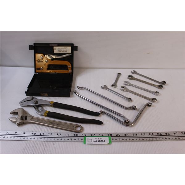Shop Lot: Crescent Wrench, Adjustable Wrench, Staple Gun, Imperial Wrenches