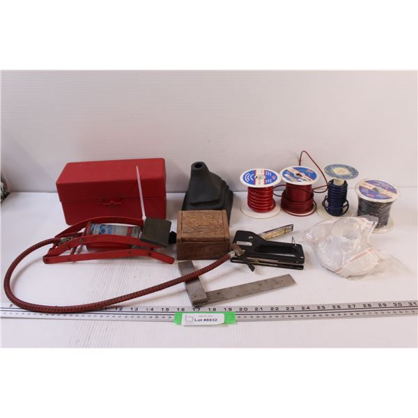 Shop Lot: (3) Wire Rolls (16. 12. 10 Gauge), Road Side Hazard Box, Foot Air Pump, Staple Gun, Square