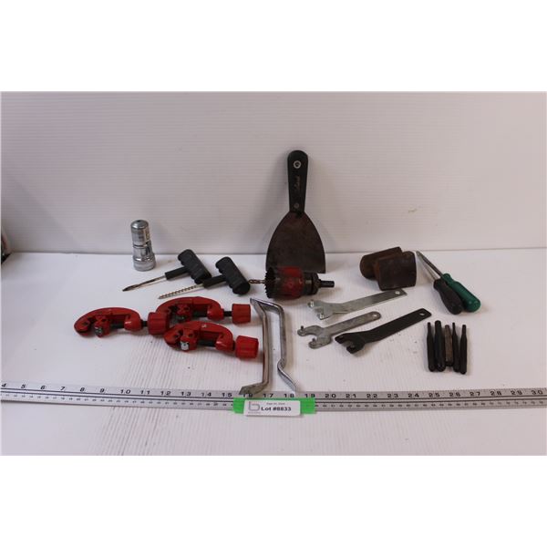 Shop Lot: (3) Pipe Cutters, Putty Knife, Punches, Body Work Dolly, Misc.