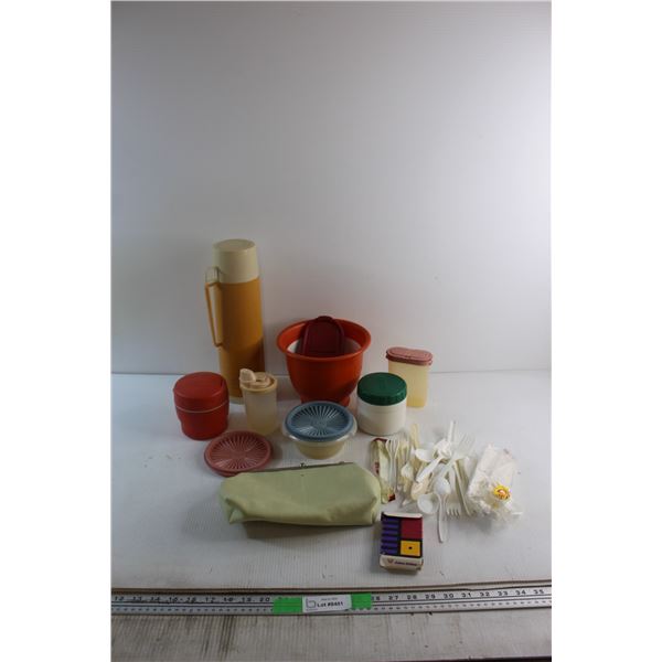 Tupperware Bowls, (2) Thermoses, Plastic Cutleries, Purse and Asiana Airlines Playing Cards