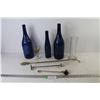 Image 1 : (3) Blue Glass Bottles - Brass Candle Snuffer & Rake - Wine Glass - Glass Vase - Vintage Egg Beater