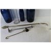 Image 4 : (3) Blue Glass Bottles - Brass Candle Snuffer & Rake - Wine Glass - Glass Vase - Vintage Egg Beater