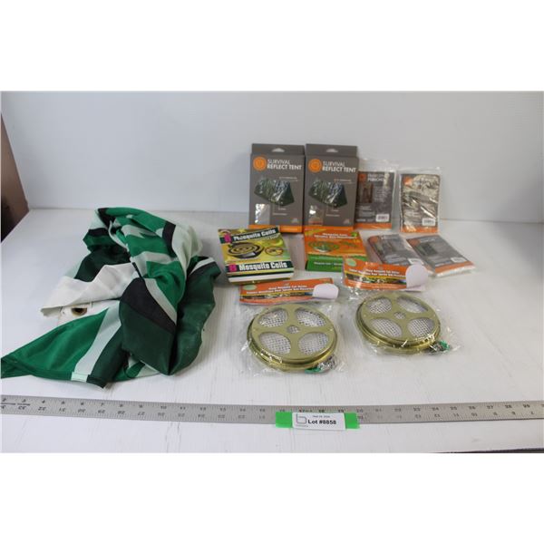 (2) Survival Reflect Tents, (4) Emergency Poncho, (2) Mosquito Coils and Coil Holders, Pilsner Flag 