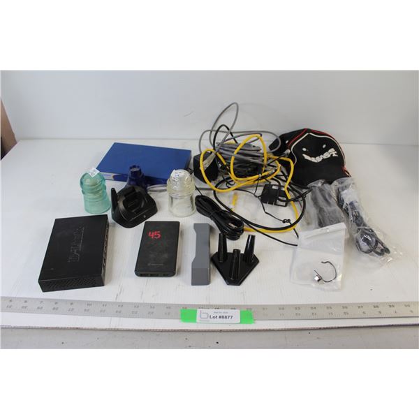 Blackweb Power Bank, (2) Glass Insulators, Assorted Phone cables, Office Depot Baseball Cap