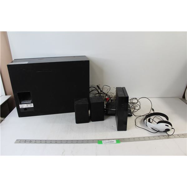 (2) Samsung Speakers, Samsung Wireless Subwoofer, PlayStation Headphones, Samsung Wi-Fi Box - All Un