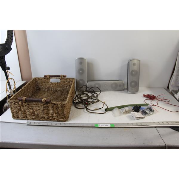 Set Of (3) Panasonic Speakers - Untested, Assorted Hardware, Wicker Basket