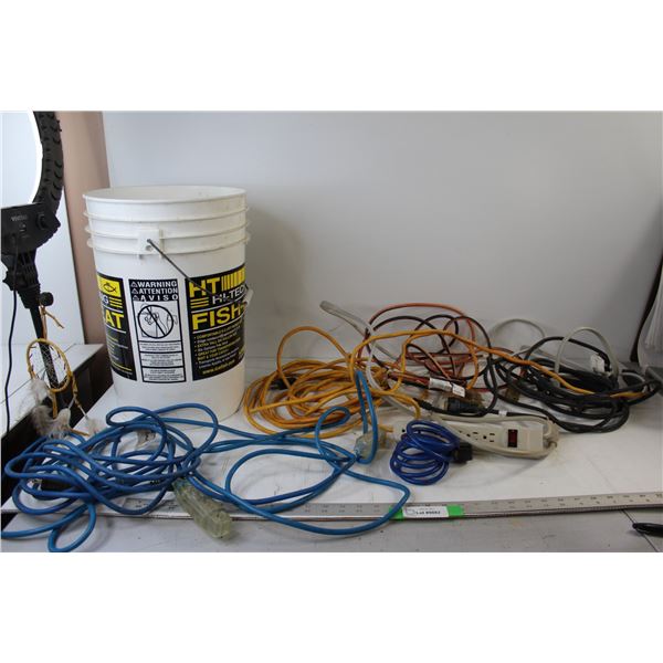 (6) Extension Cords, Extension Block, Bike Lock, Pale