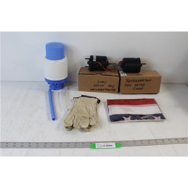 American Flag, (2) Refrigeration Fan Motors - Consigner Says New, Work Gloves, Water Pump