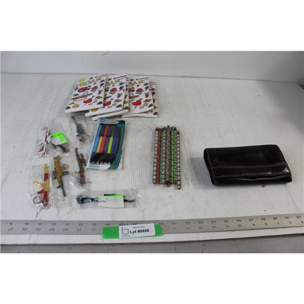(5) Pencil Cases, Assorted Pencils, Griale Wallet, (7) Metal Gun Keychains