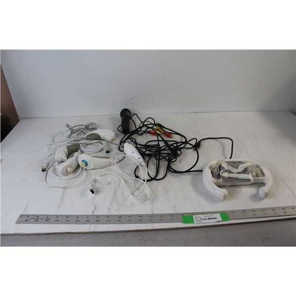 (5) Wii Nunchucks, Wii Wheel, Assorted Cords and Microphone