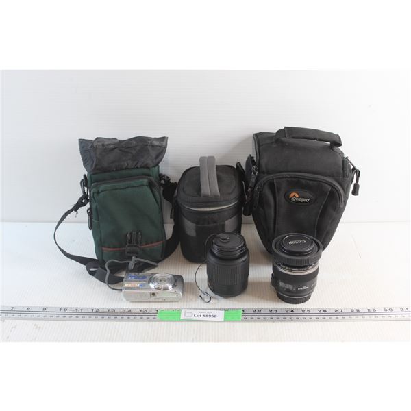 (3) Lowepro Camera Bags, Stylus 760 Camera and (2) Canon & Nikon Camera Lenses