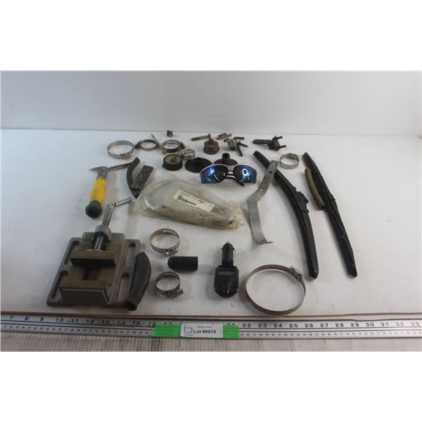 (2) Windshield Wipers, Carabiner, Hose Clamps and Assorted Items