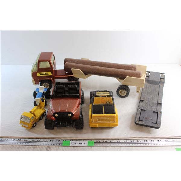 (5) Vintage Metal Tonka Toys - Log Hauler, Truck with Flat Deck, Jeep Renegade, Tractor and Small Tr