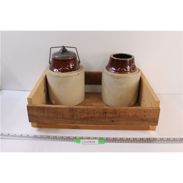 (2) Pickling Crocks (One Missing Lid) in Wood Crate (jars: 10" Tall x 6")