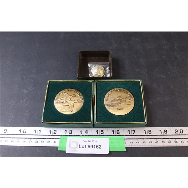 (2) Ducks Unlimited Coin Tokens (2") in Cases - Redhead and Hooded Merganser by Angus Short & Collec
