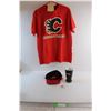 Image 1 : (4) Calgary Flames Items - Mike Smith Autographed Ballcap + New with Tags Red Flames T-Shirt + Large