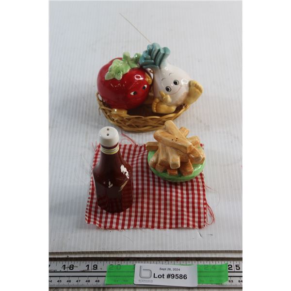 Vintage Anthropomorphic Tomato and Onion Salt & Pepper + Vintage Russ Ketchup and Fries in Basket Sa