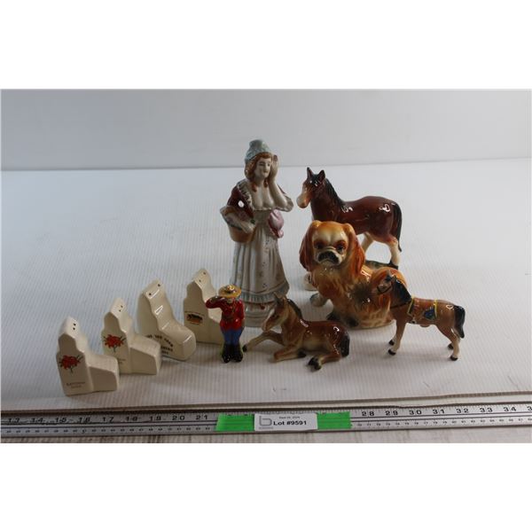 Vintage Ceramic Horses (2) Japan + Salt and Pepper Mountie and Horse + 2 Sets of Saskatchewan Elevat